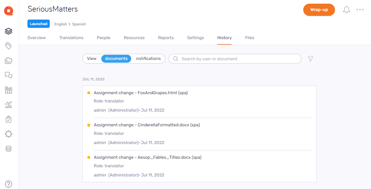 History tab showing document notifications. In the top right corner are the Wrap-up button, notifications bell, and the see more icon.
