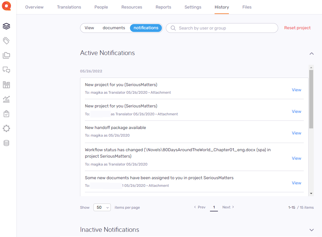 History tab showing the Active notifications list (open), the Inactive notifications list (closed), at the top there is a search bar and the Reset project link.