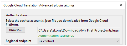 Authentication section with browsing button and regional endpoint dropdown list.