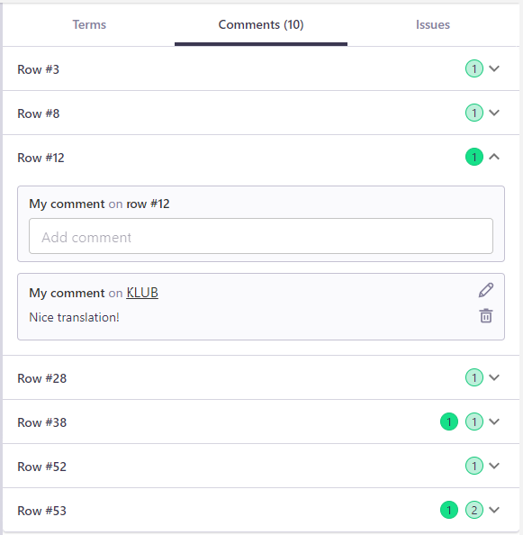 Comment section of in-country review tool showing all the comments added to the project as well as fields when you can add comment to selected row.