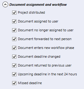 Part of the Emails notifications section of the Communication tab. The section is called Document assignment and workflow. Below there are nine checkboxes to choose from: 1. Project distributed, 2. Document assigned to user, 3. Document no longer assigned to user, 4. Document forwarded to next person, 5. Document enters new workflow phase, 6. Document deadline changed, 7. Document returned to previous user, 8. Upcoming deadline in the next 24 hours, 9. Missed deadline.