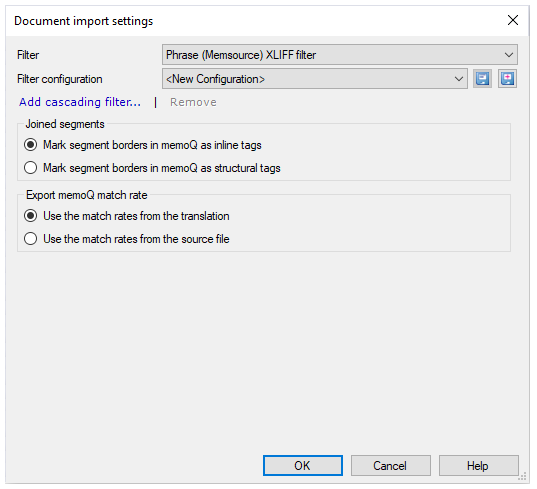 Document import settings window showing Filter and Filter configuration dropdowns. Add cascading filter link, as well as Joined segments and Export memoQ match rate sections. In the right-bottom corner, there are the OK, Cancel, and Help buttons.