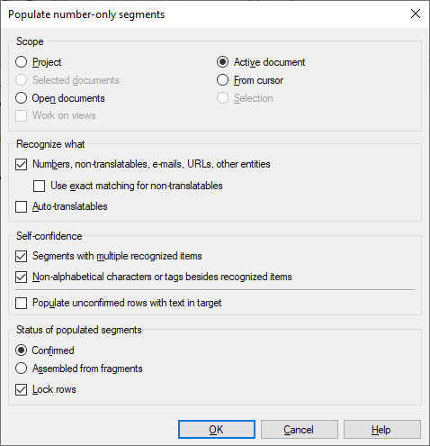 Populate number-only segments window showing available sections: scope, recognize what, status of populated segments. At the bottom, there are OK, Cancel, and Help buttons.