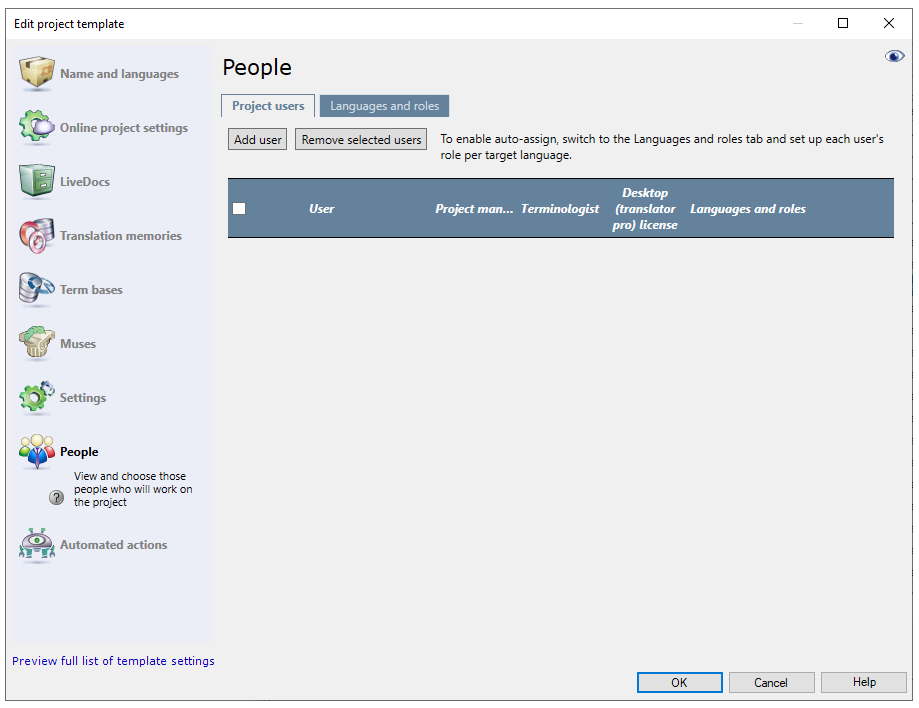 People pane of Edit project template window for online projects showing Project users and Languages and roles tabs. The project users tab is open, showing Add user and Remove selected user buttons. At the bottom, there are OK, Cancel, and Help buttons.