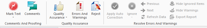 The left side of the translation ribbon showing Comments and proofing options (mark text, comments), Quality assurance options (quality assurance, errors and warnings, reject), and Resolve errors and warnings options (apply aito correction, ignore, previous, next, refresh data, hide ignored items, hide warnings, export report). 