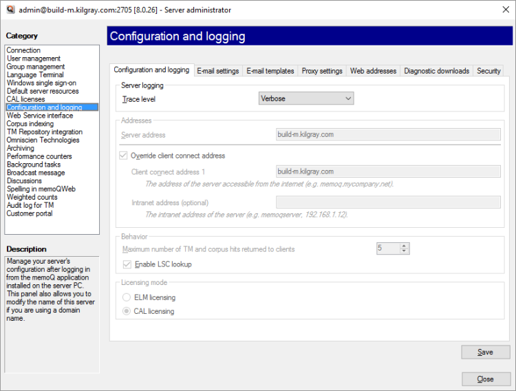 Server administrator window showing the configuration and logging tab open.