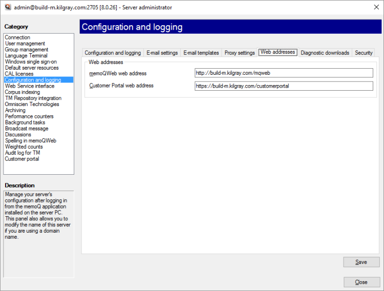 Server administrator window showing the web addresses tab open.