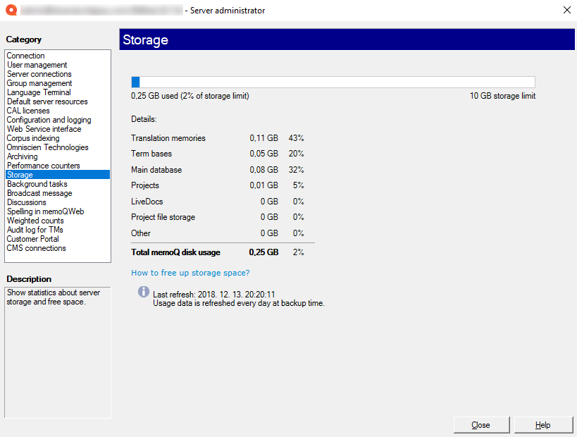 Server administrator window showing storage pane in memoQ TMS cloud with the percentage of storage limit bar, and details like translation memories, term bases, main databases, projects, livedocs, project file storage, other, and total memoQ disk usage percentage. Below there's how to free up storage space link redirecting user to documentation and Last refresh info.