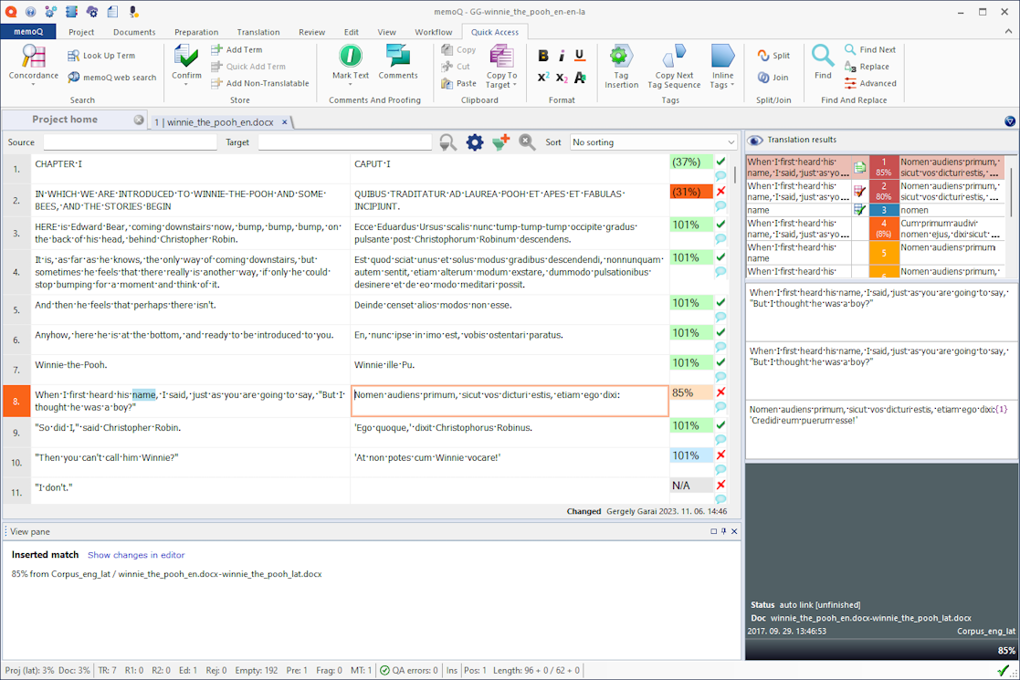 Translation editor window during the translation process.