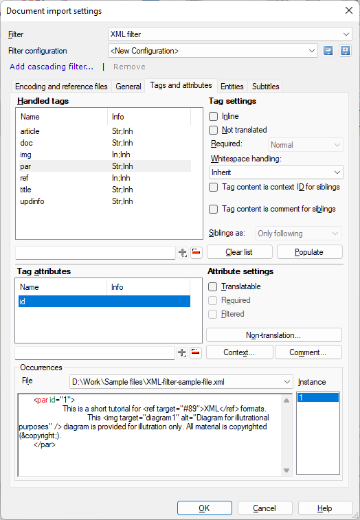 Document import settings window showing filter and filter configuration dropdowns, Add cascading filter clickable link, Tags and Attributes tab with handled tags, tag settings, tag attributes, and attributes settings options, as well as Occurrences field. OK, Cancel, Help buttons are in the bottom left corner.