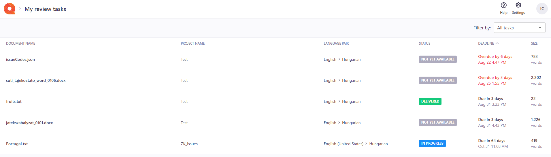 The My review tasks page showing all the review tasks assigned to the user. In the top-left corner there are Help, Options, and admin buttons. Below there's a table with all the info about assigned tasks - document name, project name, language pair, status, deadline, size.