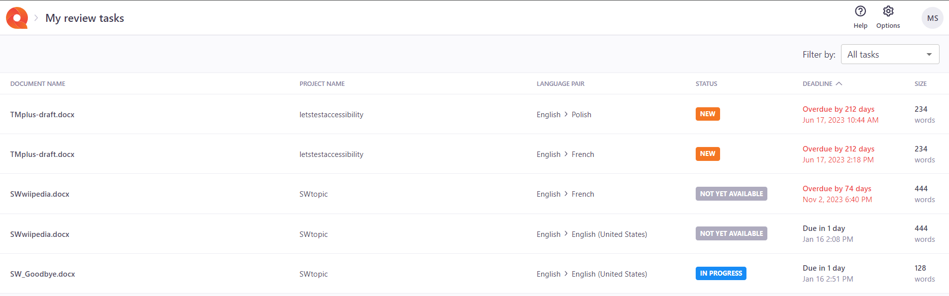The My review tasks page showing all the review tasks assigned to the user. In the top-left corner there are Help, Options, and admin buttons. Below there's a table with all the info about assigned tasks - document name, project name, language pair, status, deadline, size.