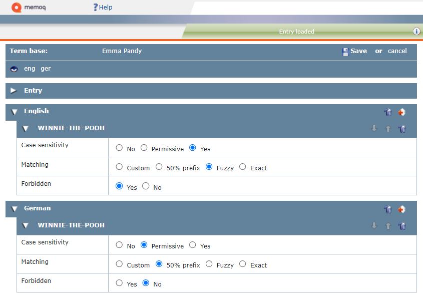 Term base window allowing to modify case sensitivity, matching, and marking a word as forbidden. You can also change the position of a term, add new or delete terms here.