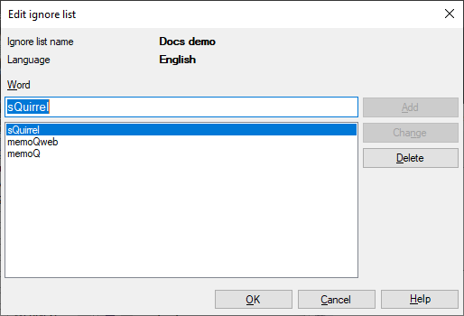 Fenster "Auslasslisten bearbeiten" mit Wortlisten auf der linken Seite und Schaltflächen auf der rechten Seite, die Benutzer verwenden können, um die Liste zu ändern.