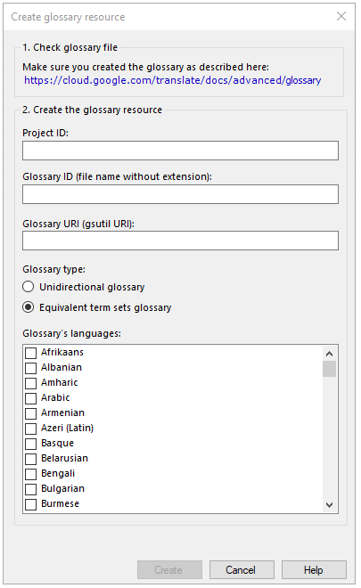 Fenster "Create glossary resource" mit Link zu Beispiel-Cloud-Glossar, Ressourcen wie Projekt- und Glossar-ID, URL, Sprachen und Typen zur Auswahl.