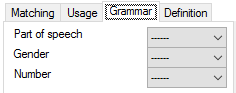 Die Registerkarte "Grammatik" im Fenster "Termdatenbank-Eintrag erstellen" mit drei Dropdown-Listen, aus denen Sie wählen können – Wortklasse, Genus und Zahl.