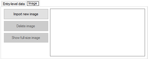 Die Registerkarte "Bild" im Fenster "Termdatenbank-Eintrag erstellen" mit den Schaltflächen "Neues Bild importieren", "Bild löschen" und "Gesamtgröße des Bildes anzeigen" links und einem leeren Feld rechts.