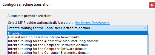 Fenster, das "MT-Anbieter automatisch basierend auf den Intento-Benchmarks auswählen." zeigt, mit ausgewählter Option "Deaktiviert".