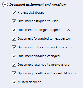 Teil des Abschnitts E-Mail-Benachrichtigungen der Registerkarte Kommunikation. Der Abschnitt heißt Dokumentzuweisung und Workflow. Darunter sind neun auswählbare Kontrollkästchen: 1. Projekt verteilt, 2. Dokument an Benutzer zugewiesen, 3. Dokument nicht länger Benutzer zugewiesen, 4. Dokument an nächste Person weitergeleitet, 5. Dokument geht in neue Workflow-Phase über, 6. Liefertermin für Dokument geändert, 7. Dokument an vorherigen Benutzer zurückgegeben, 8. Liefertermin in den nächsten 24 Stunden, 9. Verpasster Liefertermin.