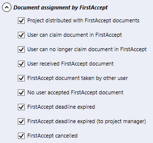 Teil des Abschnitts E-Mail-Benachrichtigungen der Registerkarte Kommunikation. Der Abschnitt heißt Dokumentzuweisung durch FirstAccept. Darunter sind neun auswählbare Kontrollkästchen: 1. Projekt mit FirstAccept-Dokumenten verteilt, 2. Benutzer kann Dokument in FirstAccept anfordern, 3. Benutzer kann Dokument nicht länger in FirstAccept anfordern, 4. Benutzer hat FirstAccept-Dokument erhalten, 5. FirstAccept-Dokument von einem anderen Benutzer angenommen, 6. Kein Benutzer hat das FirstAccept-Dokument angenommen, 7. FirstAccept-Liefertermin abgelaufen, 8. FirstAccept-Liefertermin abgelaufen (für Projektmanager), 9. FirstAccept abgebrochen.