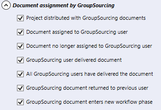 Teil des Abschnitts E-Mail-Benachrichtigungen der Registerkarte Kommunikation. Der Abschnitt heißt Dokumentzuweisung durch GroupSourcing. Darunter sind sieben auswählbare Kontrollkästchen: 1. Projekt mit GroupSourcing-Dokumenten verteilt, 2. Dokument wurde GroupSourcing-Benutzer zugewiesen, 3. Dokument nicht länger GroupSourcing-Benutzer zugewiesen, 4. GroupSourcing-Benutzer hat das Dokument geliefert, 5. Alle GroupSourcing-Benutzer haben das Dokument geliefert, 6. GroupSourcing-Dokument an vorherigen Benutzer zurückgegeben, 7. GroupSourcing-Dokument geht in neue Workflow-Phase über.