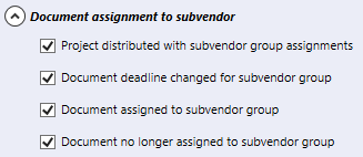 Teil des Abschnitts E-Mail-Benachrichtigungen der Registerkarte Kommunikation. Der Abschnitt heißt Dokumentzuweisung an Subvendor. Darunter sind vier auswählbare Kontrollkästchen: 1. Projekt mit Subvendor-Gruppen-Zuweisung verteilt, 2. Liefertermin des Dokuments für Subvendor-Gruppe geändert, 3. Dokument wurde einer Subvendor-Gruppe zugewiesen, 4. Dokument ist nicht länger einer Subvendor-Gruppe zugewiesen.