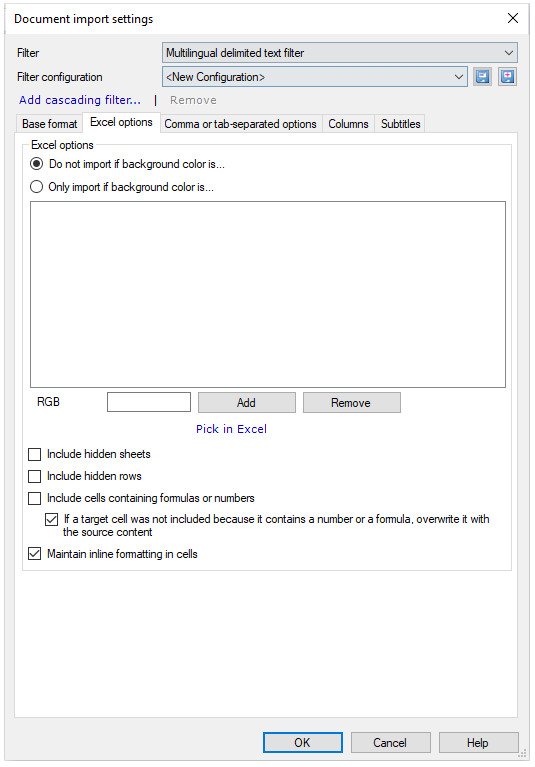 Fenster "Einstellungen für Dokumentenimport" mit Dropdown-Listen für Filter und Filterkonfiguration, Link für "Filterverkettung hinzufügen" und Registerkarten mit geöffneter Registerkarte für Excel-Format mit Excel-Optionen zur Auswahl: Nur importieren, wenn Hintergrundfarbe, RGB-Feld (mit Schaltflächen "Hinzufügen" und "Entfernen" daneben und Link "In Excel auswählen" darunter), Schaltflächen "Ausgeblendete Tabellen einschließen", "Ausgeblendete Zeilen einschließen", "Zellen mit Formeln oder Zahlen einschließen", die nicht aktiviert sind, und Schaltflächen "Wenn ein Zielsegment nicht hinzugefügt wurde, weil es eine Zahl oder Formel enthält, überschreiben Sie es mit dem Ausgangstext", "Inline-Formatierung in Zellen beibehalten". Schaltflächen "OK", "Abbrechen" und "Hilfe" sind unten rechts.
