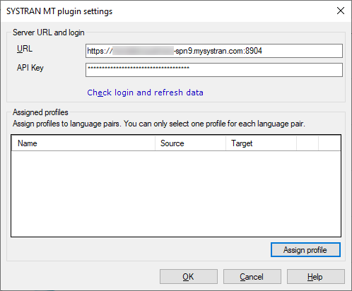 Fenster für Systran MT-Plugineinstellungen zum Einfügen von URL und API-Schlüssel und Zuweisen von Sprachen zum Profil.