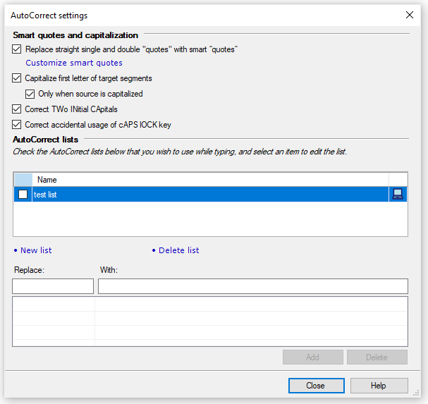 AutoCorrect settings window showing check boxes you can use when using quotes: Replace single and double with smart quotes, capitalize the first letter of target segments, correct initial capitals, and accidental usage of capslock. Below the check boxes, you can add a new autocorrect list or delete an existing one.