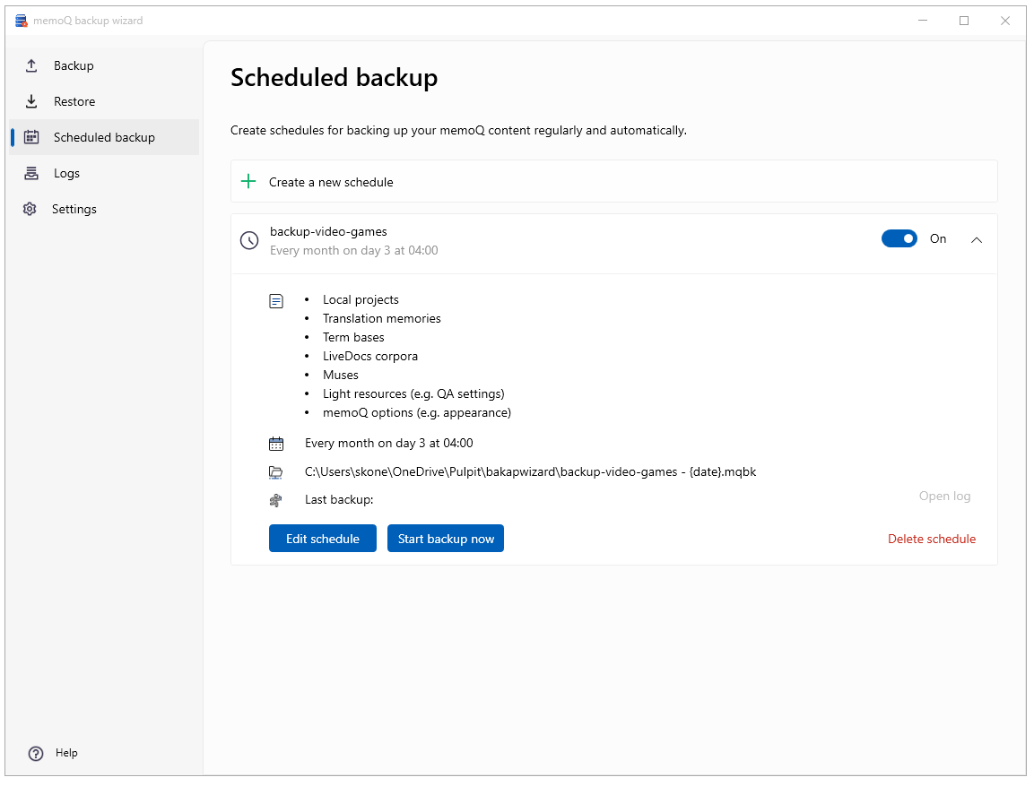 Scheduled backup window showing Create a new schedule button. Below the button there's a list of scheduled backups. One backup shows its details - slider indicating if it is on or off, all the resources, scheduled backup date and hour, backup path, and last backup date. Below there are Edit schedule, and Start backup now buttons, as well as Delete schedule link.