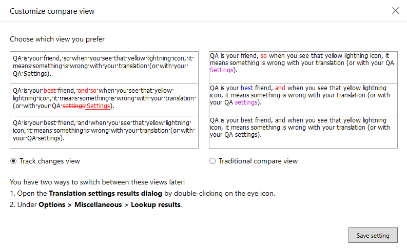 Compare view vs. track changes view option presented. 