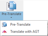 The Pre-Transalte button showing two options in submenu: Pre-Translate and Translate with AGT.