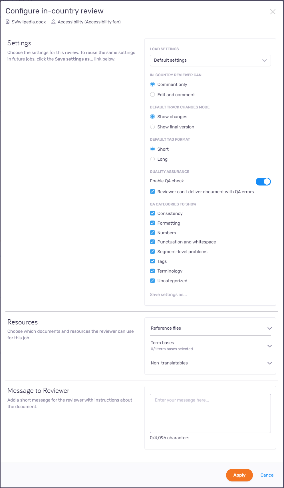 Configure in-country review window showing three sections - Settings, Resources, and Message a reviewer with all their possible options. In the bottom right corner, there are two buttons: Apply and Cancel.