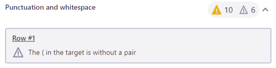 Ignored warning example showing an issue with punctuation and whitespave for row number 1.