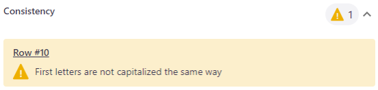 Active warning example showing an issue with consistency for row number 10.