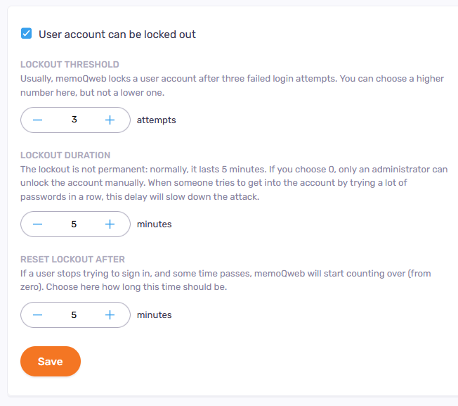 Lockout section showing available options - lockout threshold, lockout duration, and reset lockout after. At the bottom, there is the Save button.