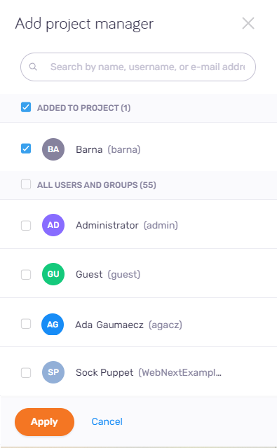 Add project manager section of the People tab showing users added to the project, and all users and groups that can be added to the project. At the bottom, there are Apply and Cancel buttons.