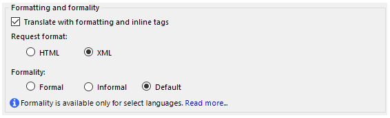 Formality and formatting settings show three options: default, formal and informal.