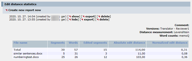 Edit distance statistics report section showing a list of created reports using Levenshtein counts and details of one of them.