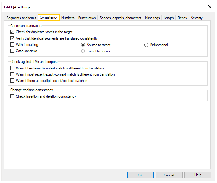 Tab showing options available for consistent translation, checks against TMs and corpora, and tracking consistency.