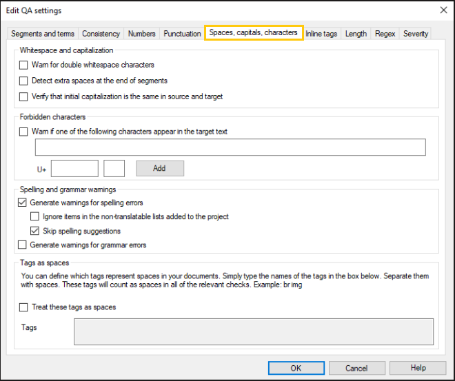 Tab showing whitespace and capitalization, forbidden characters, spelling and grammar warnings, and tags as spaces options.