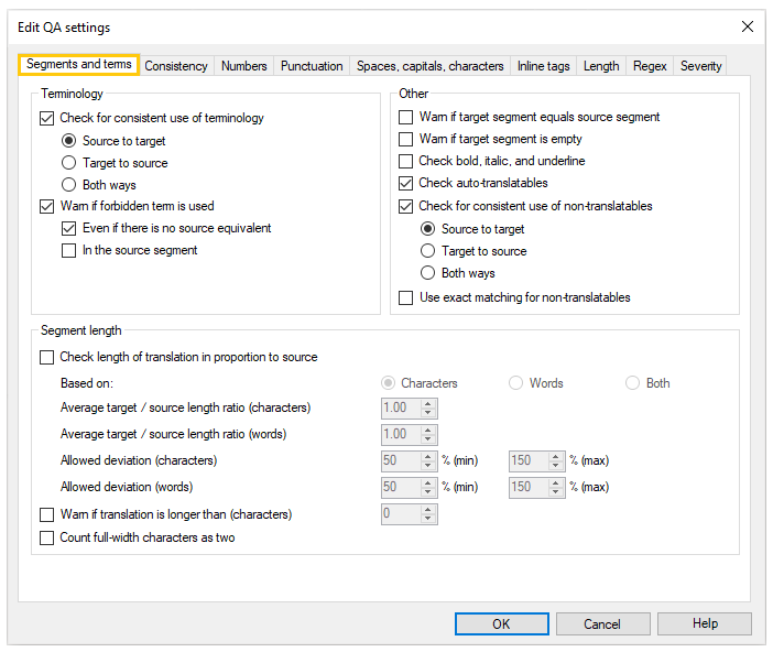 Tab showing terminology and segmentation length possible options.