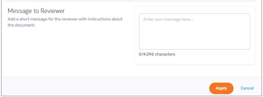 In-country review message to reviewer section showing field to enter your message. In the bottom right corner, there are Apply and Cancel buttons.