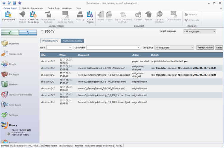 History pane showing Project history and Notification history tabs. The project history tab is open, showing Who, Document, and Languages dropdowns as well as the Refresh history and Reset buttons. Below there is a list of actions taken in this project - who took it, when, in what document, action name, and details.