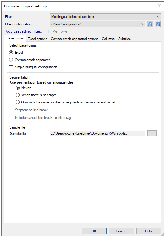 Document import settings window showing Filter and Filter configuration drop-down lists, Add cascading filter link and tabs with Base format tab open, showing options to choose from: Select base format: Excel, Comma or tab-separated or Simple bilingual configuration, and Segmentation options: Segment source text only if the target cell contains no text, and a sample file. OK, Cancel, and Help buttons are in the bottom right corner.