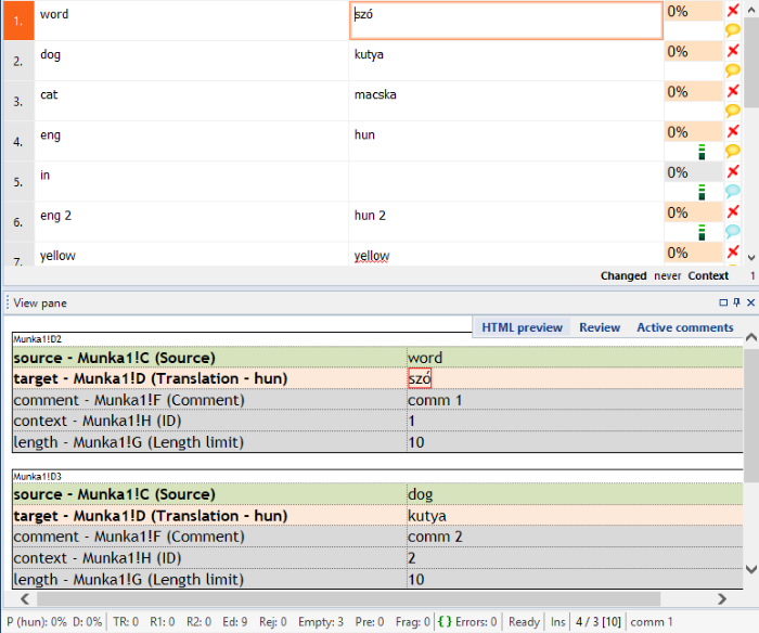 Part of the Grid with translation. Below the Grid, there's a View pane showing the result of hiding a column, with one field marked in red.