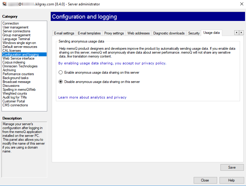 Server administrator window showing the usage data tab open.