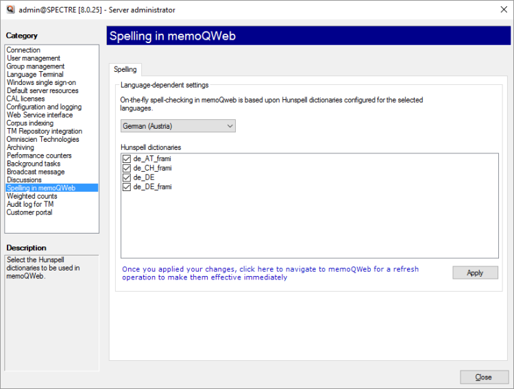 Server Administrator window showing the Spelling in memoQweb category