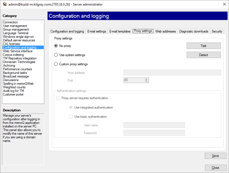 Server administrator window showing the proxy settings tab open.