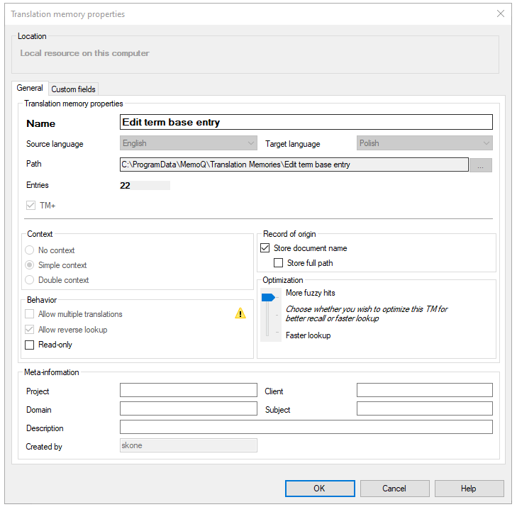 New translation memory window showing the Location and General tab open with all its options: Translation memory properties, content, record of origin, behavior, optimization, and meta-information. At the bottom are three buttons: OK, Cancel, and Help.